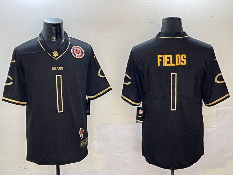 Men Chicago Bears #1 Fields Black Gold Throwback 2024 Nike Limited NFL Jersey style 3